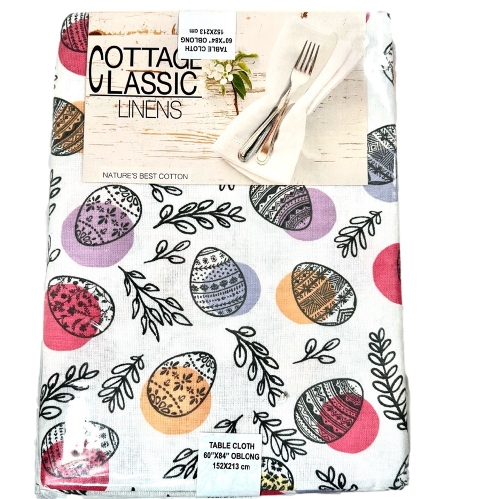 COTTAGE Classic Linens Easter Egg Cotton Tablecloth Size Oblong 60x84 Seats 6-8